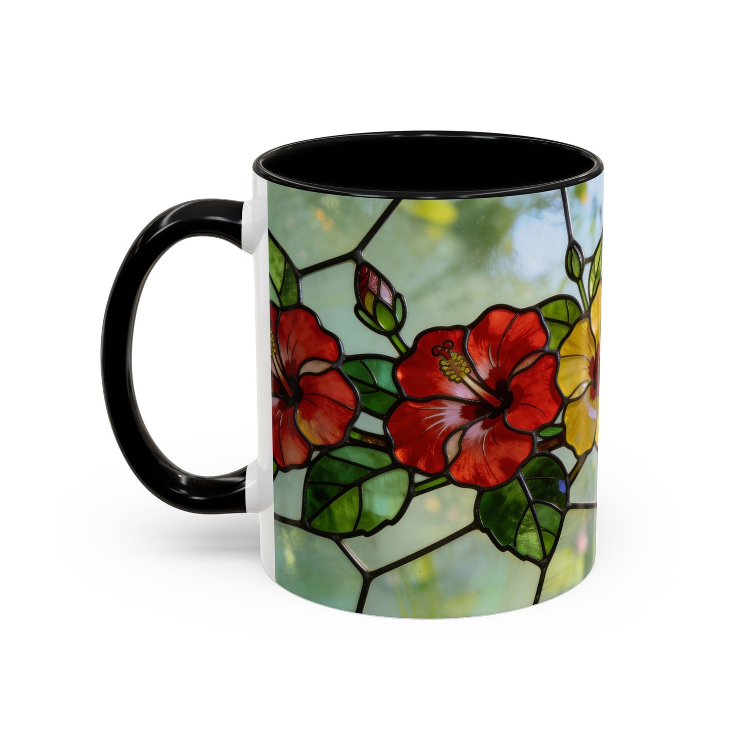 Stained Glass Floral Accent Coffee Mug — Hibiscus & Sunflower Art (11/15oz)