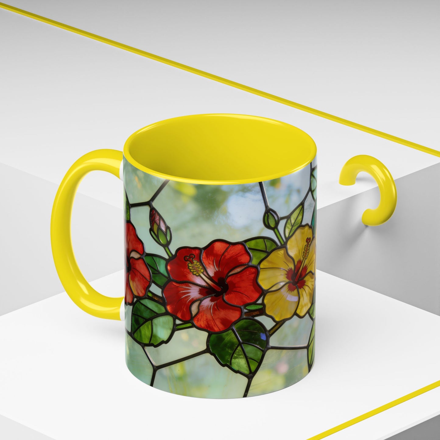 Stained Glass Floral Accent Coffee Mug — Hibiscus & Sunflower Art (11/15oz)
