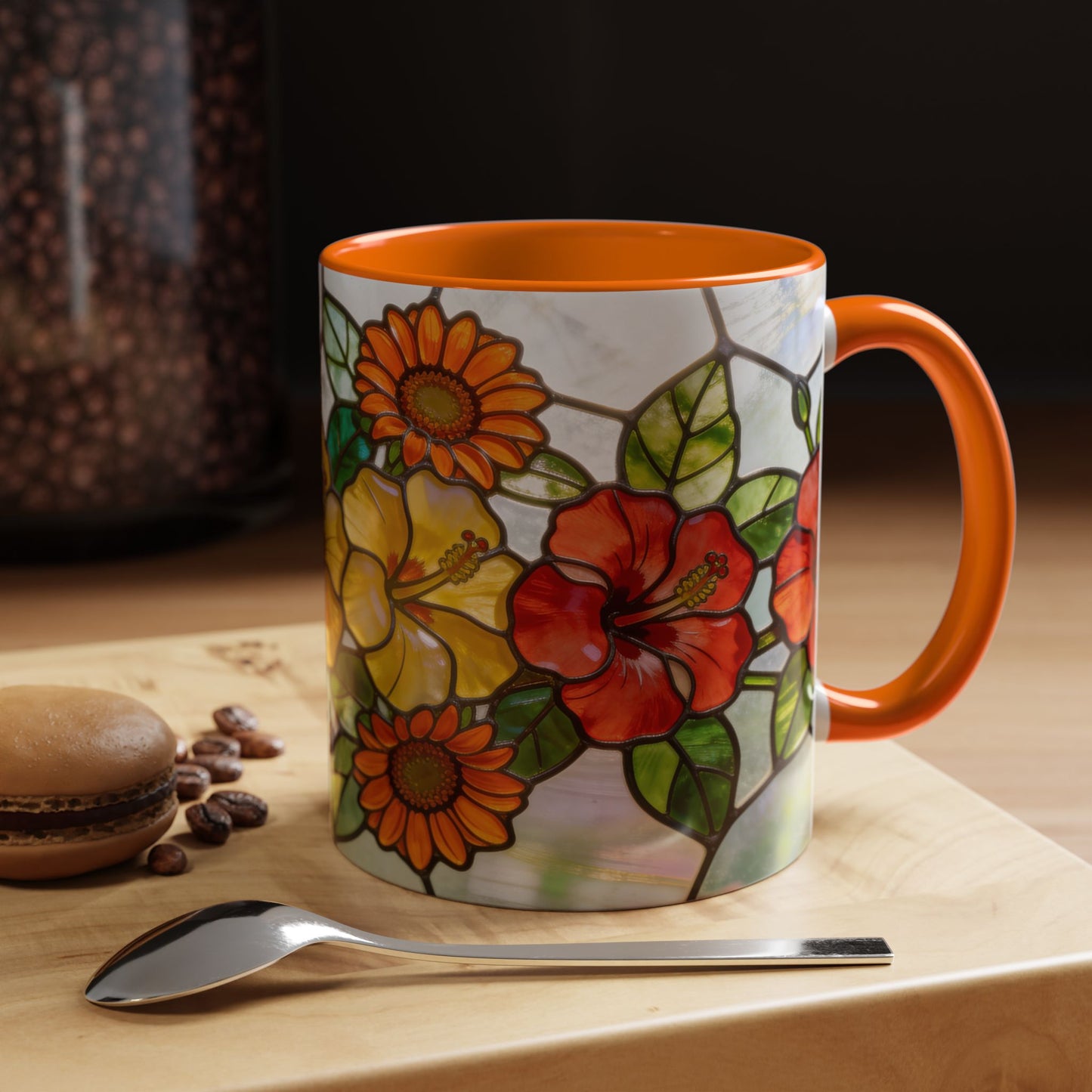 Stained Glass Floral Accent Coffee Mug — Hibiscus & Sunflower Art (11/15oz)