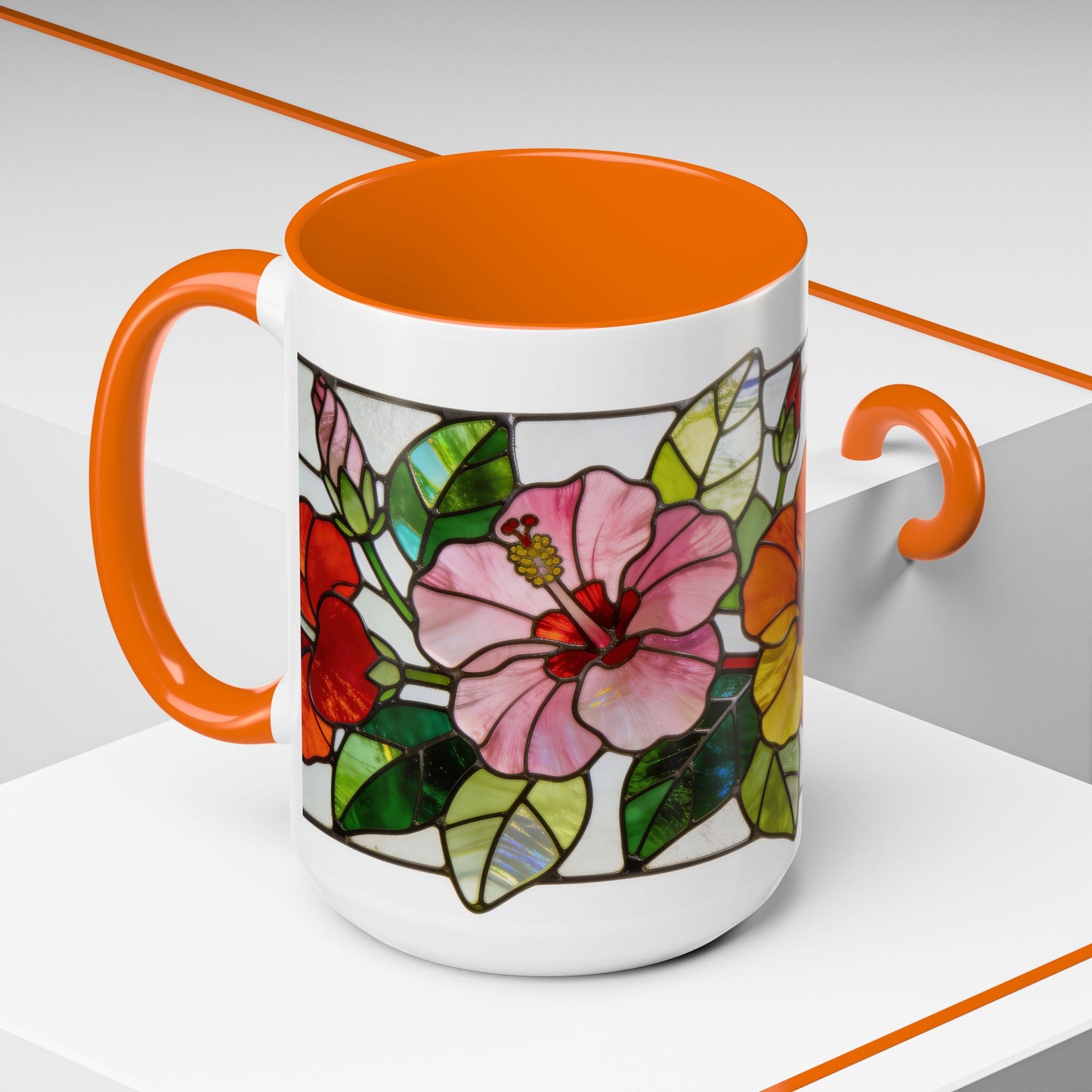 Stained Glass Tropical Flower Coffee Mug — Hibiscus & Bird of Paradise Accent Mug