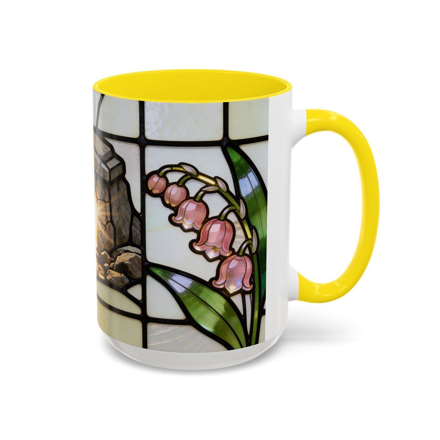 Stained Glass depiction of The Resurrected Tomb & Lily of the Valley Accent Coffee Mug — Christian Easter 11/15oz