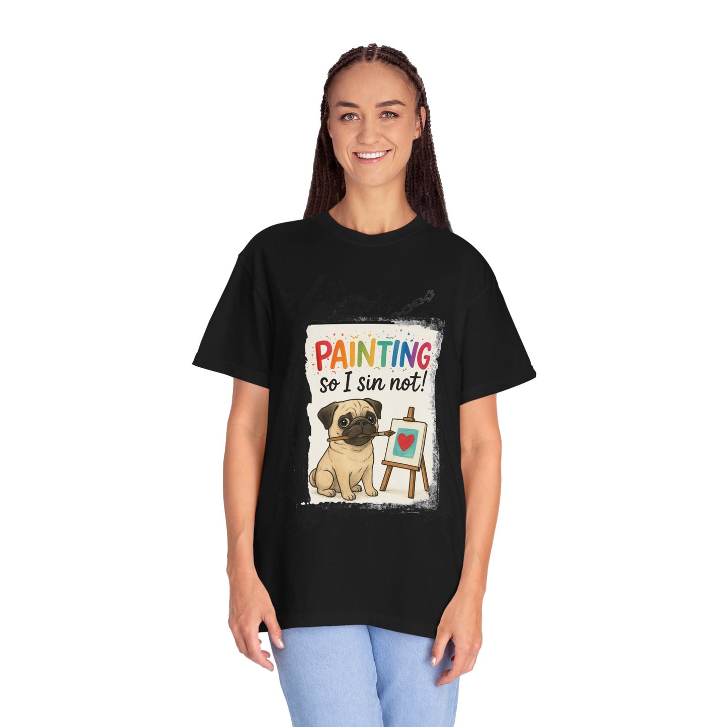 Humorous "Painting So I Sin Not" Pug T-Shirt