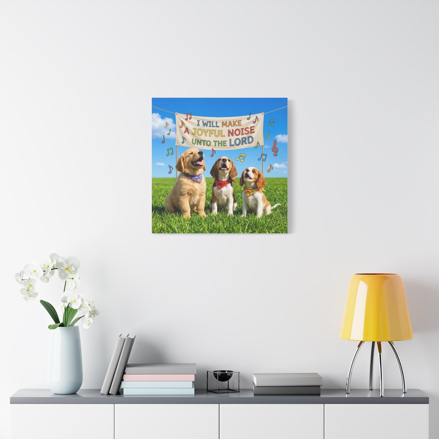 Joyful Noise Puppies Canvas Wall Art — Religious Christian Bible Verse 'I Will Make A Joyful Noise Unto The Lord'