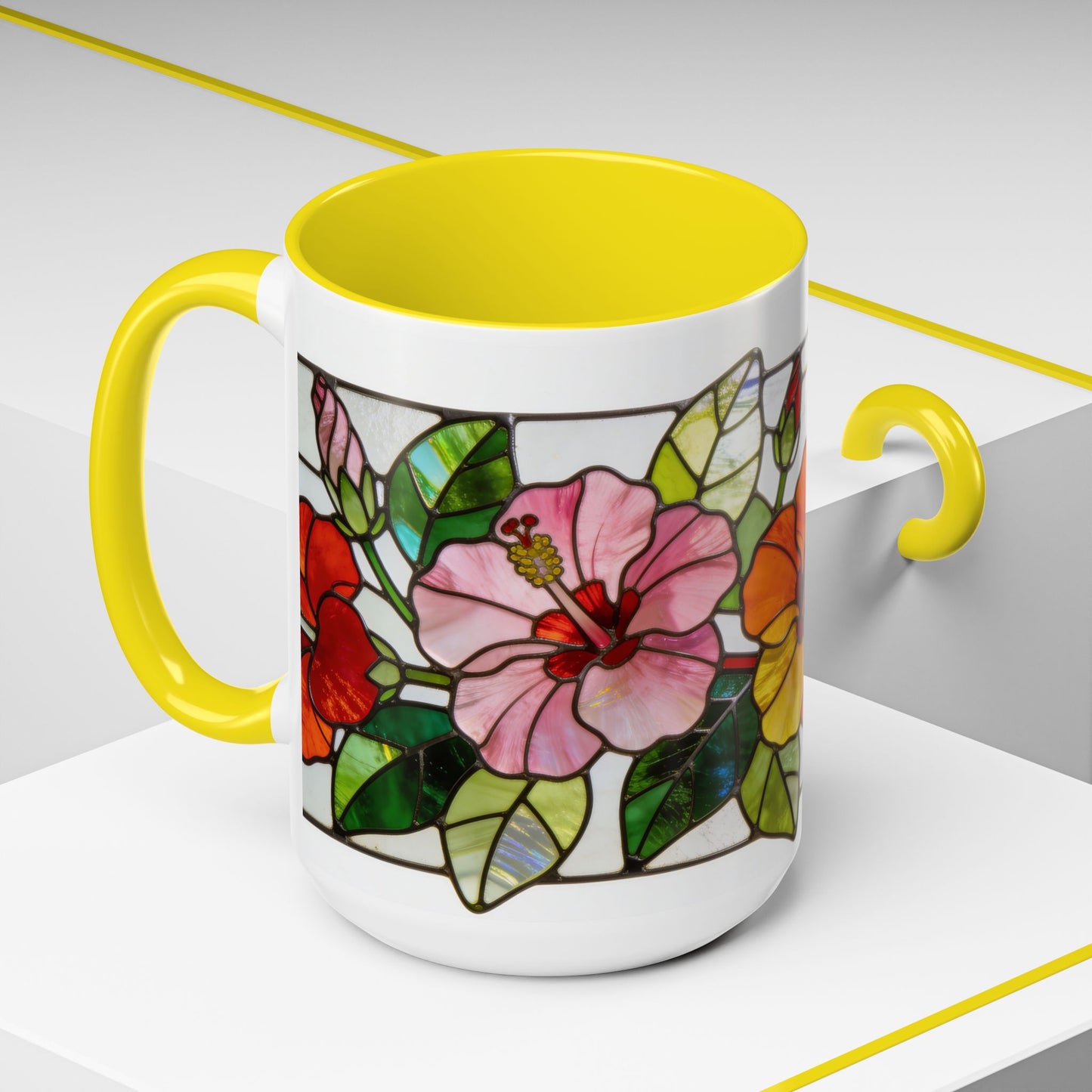 Stained Glass Tropical Flower Coffee Mug — Hibiscus & Bird of Paradise Accent Mug