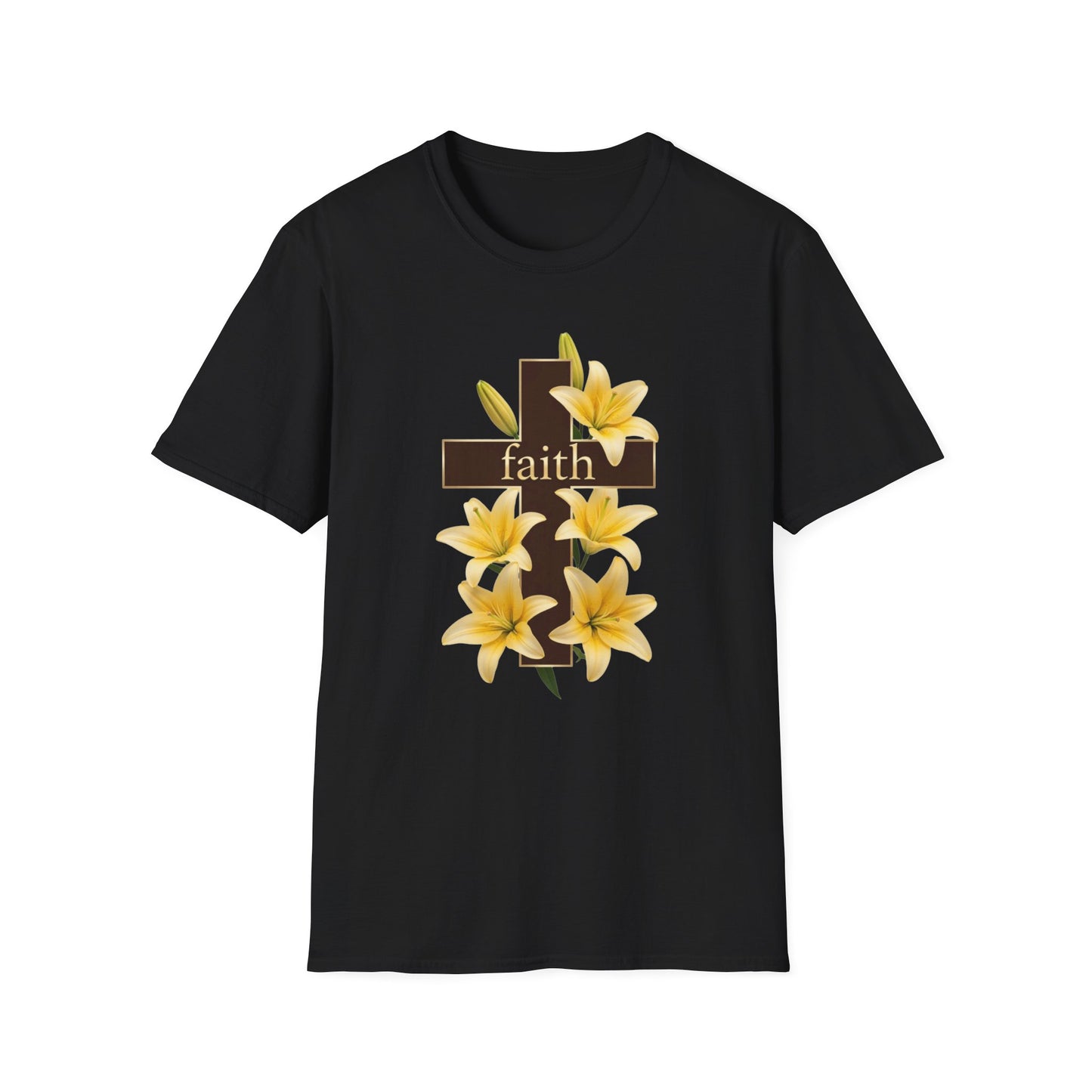 Faith Cross T‑Shirt with Yellow Lilies — Inspirational Christian Easter Tee