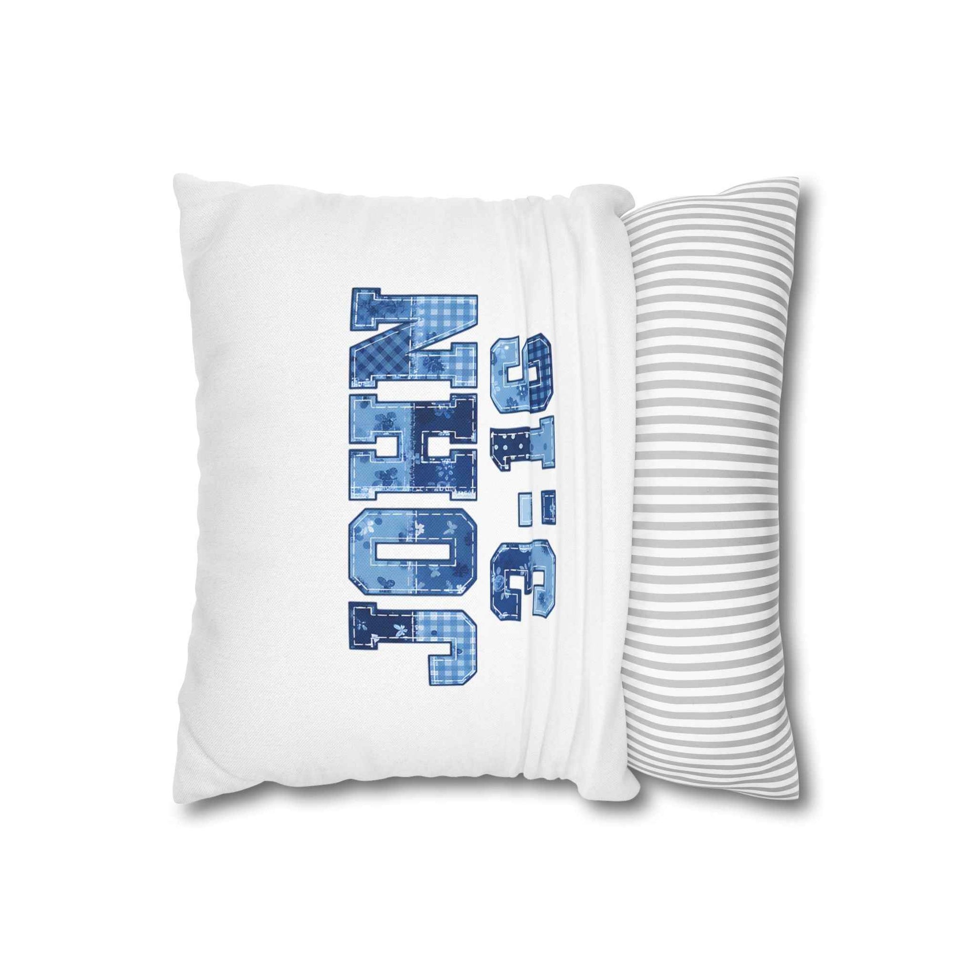 John 3:16 Decorative Pillowcase — Blue Patterned Scripture Throw Pillow