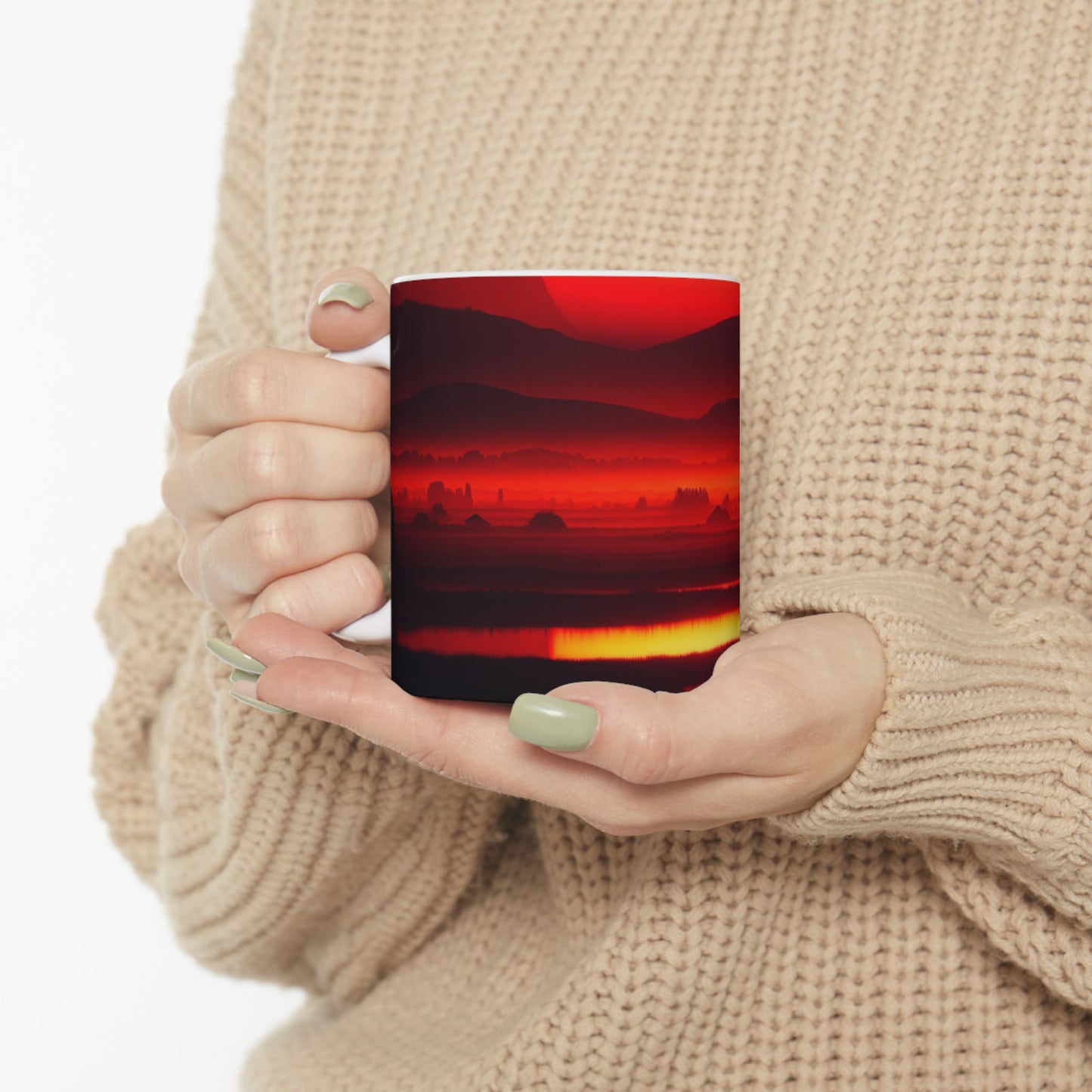 Red Sunset Mountain Ceramic Mug — Atmospheric Landscape Coffee Cup (11oz & 15oz)