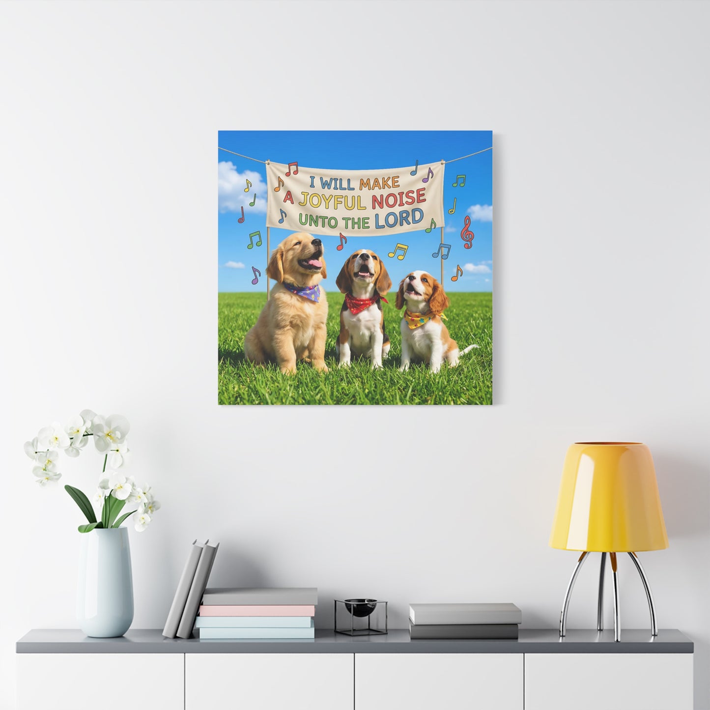 Joyful Noise Puppies Canvas Wall Art — Religious Christian Bible Verse 'I Will Make A Joyful Noise Unto The Lord'