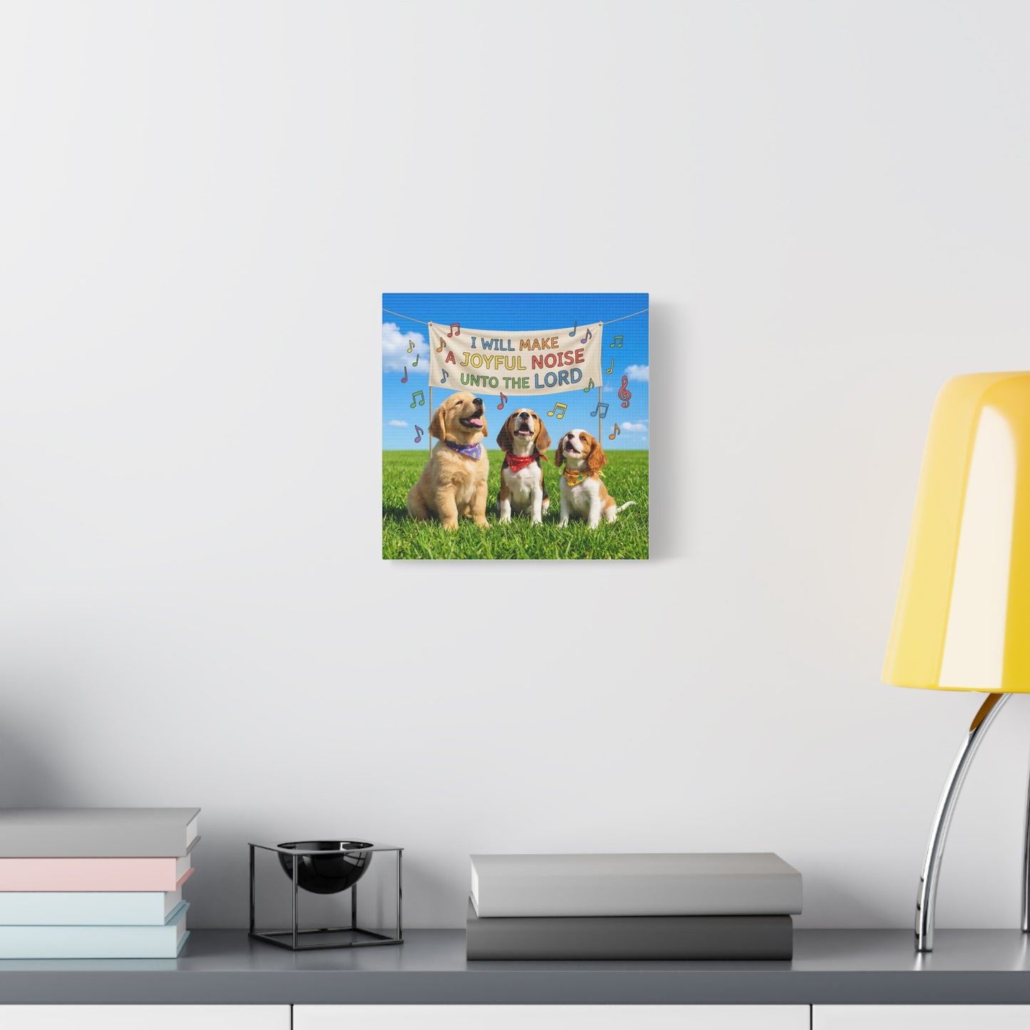 Joyful Noise Puppies Canvas Wall Art — Religious Christian Bible Verse 'I Will Make A Joyful Noise Unto The Lord'