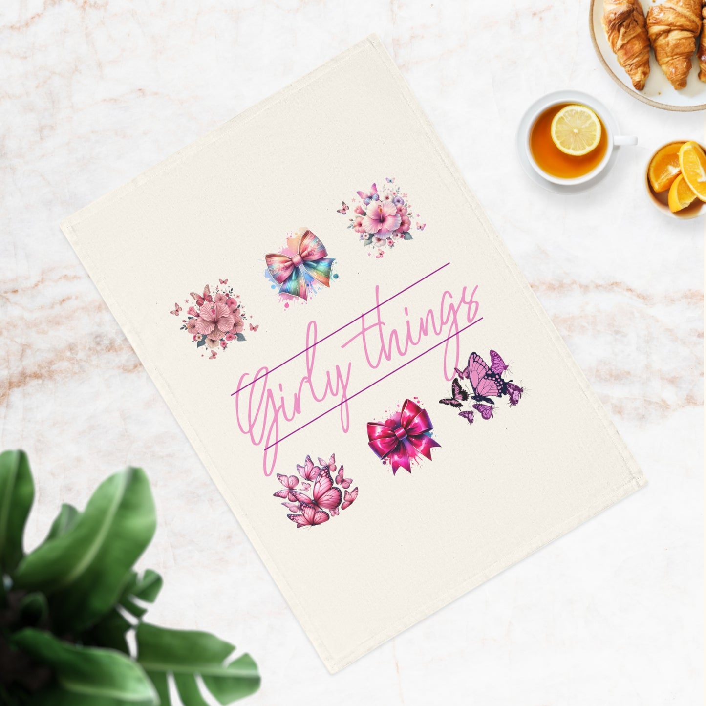Girly Things Cotton Tea Towel - Floral and Bow Design