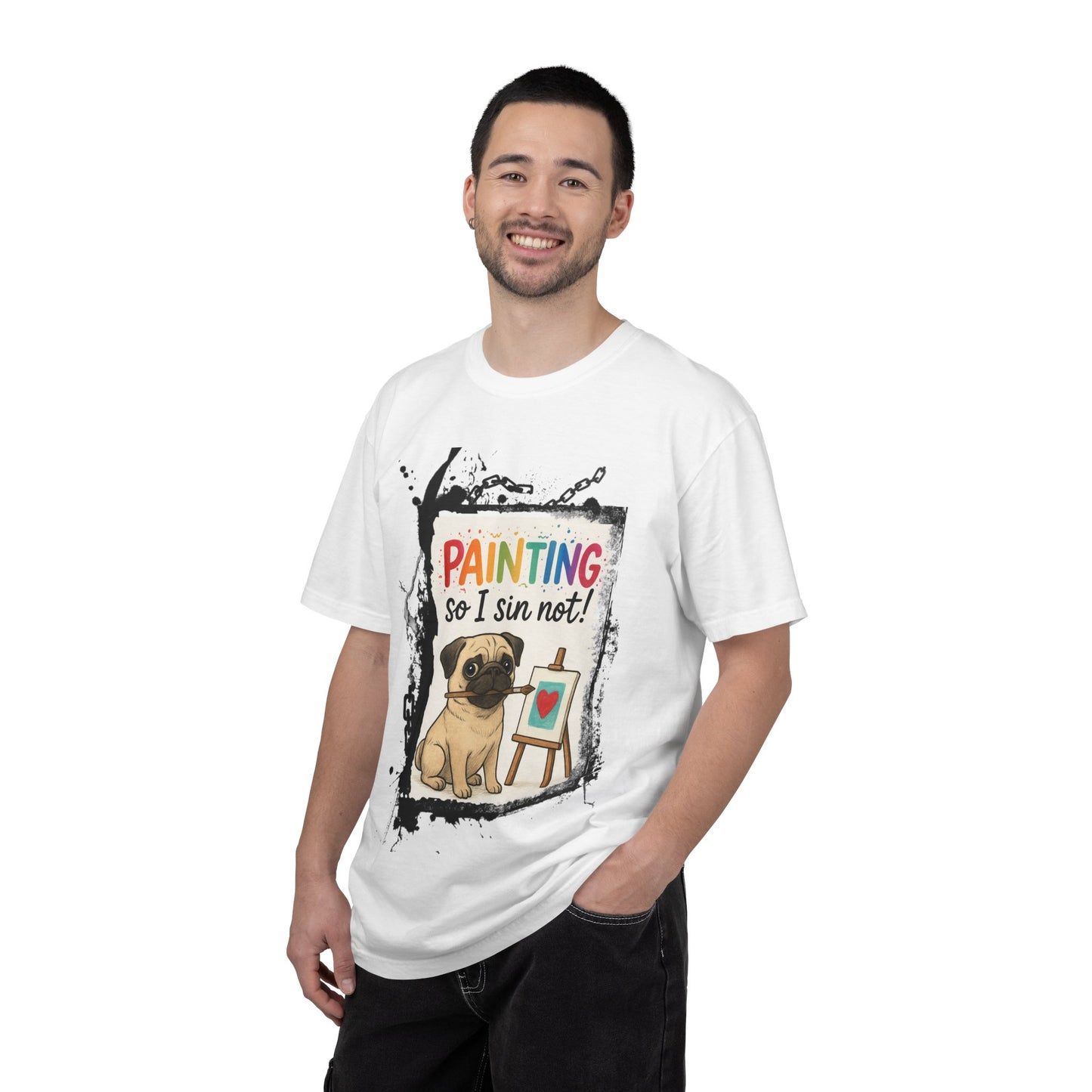Humorous "Painting So I Sin Not" Pug T-Shirt