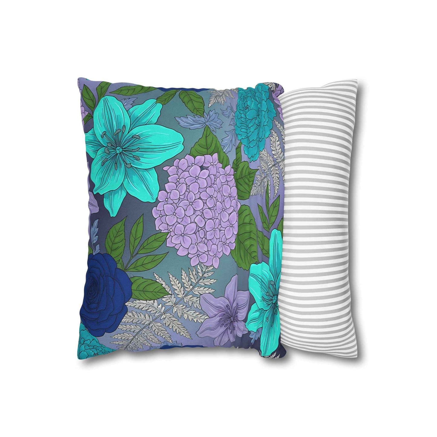 Floral Blue & Teal Decorative Pillowcase — Hydrangea & Lily Square Cushion Cover