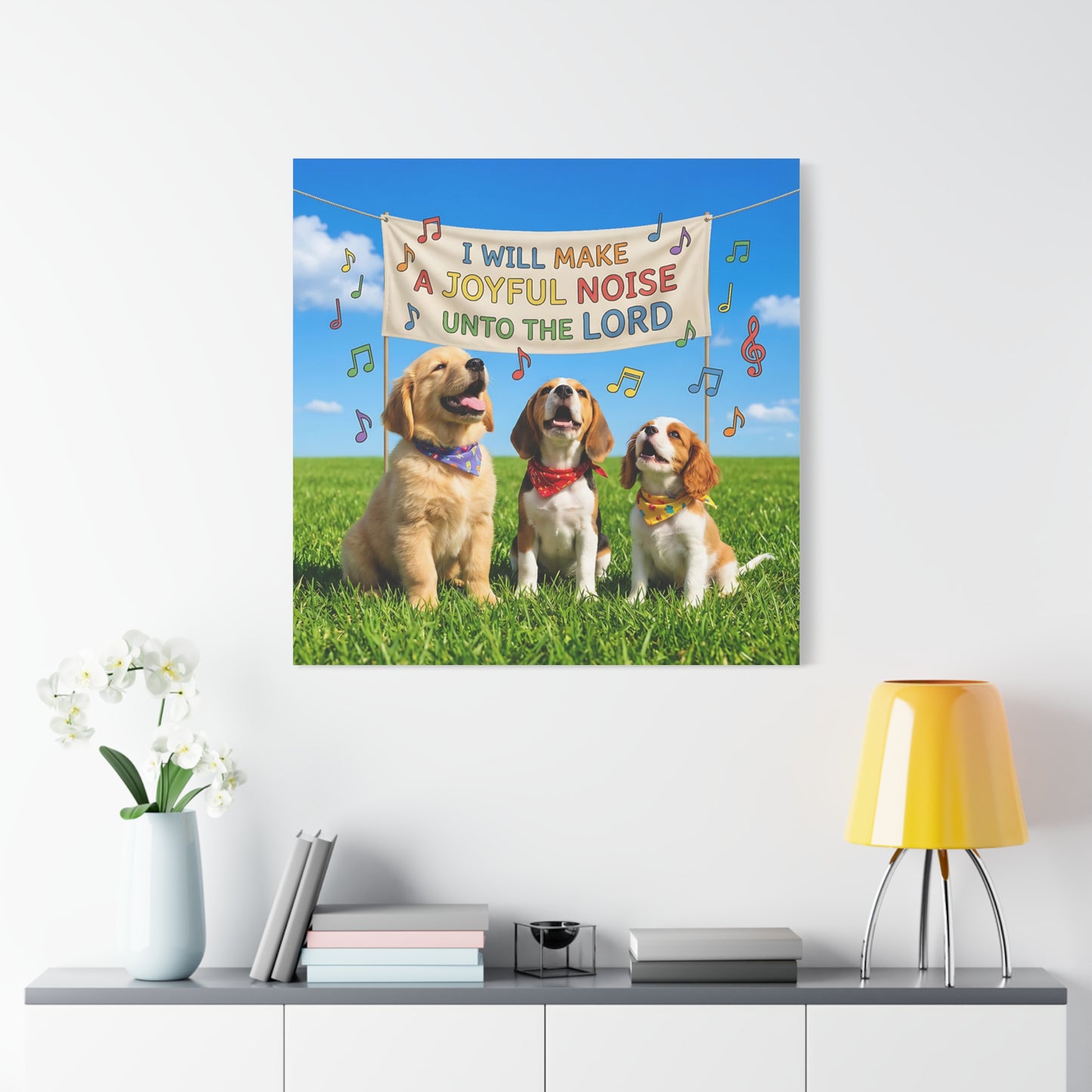 Joyful Noise Puppies Canvas Wall Art — Religious Christian Bible Verse 'I Will Make A Joyful Noise Unto The Lord'
