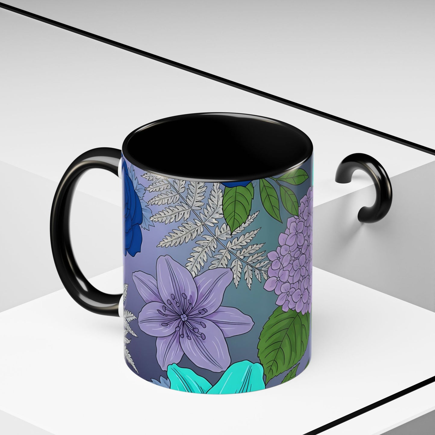 Floral Hydrangea Accent Coffee Mug — Teal & Lavender Botanical Drinkware