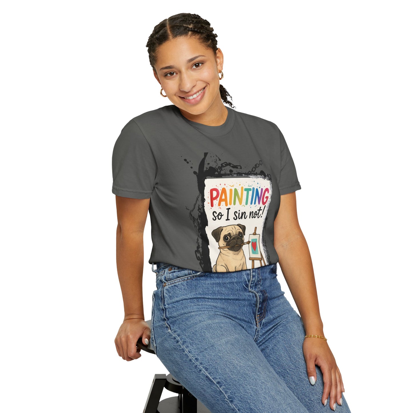 Humorous "Painting So I Sin Not" Pug T-Shirt