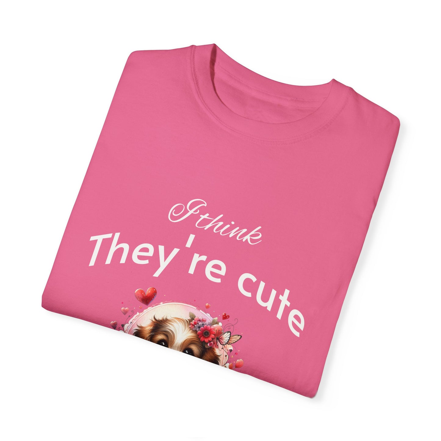 Cute Puppy Love adorned with hearts and beautiful flowers Unisex Garment-Dyed T-Shirt - Perfect for Dog Lovers
