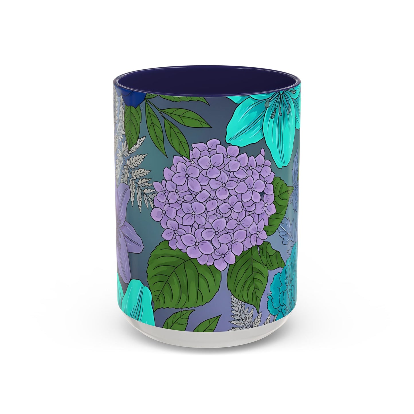 Floral Hydrangea Accent Coffee Mug — Teal & Lavender Botanical Drinkware