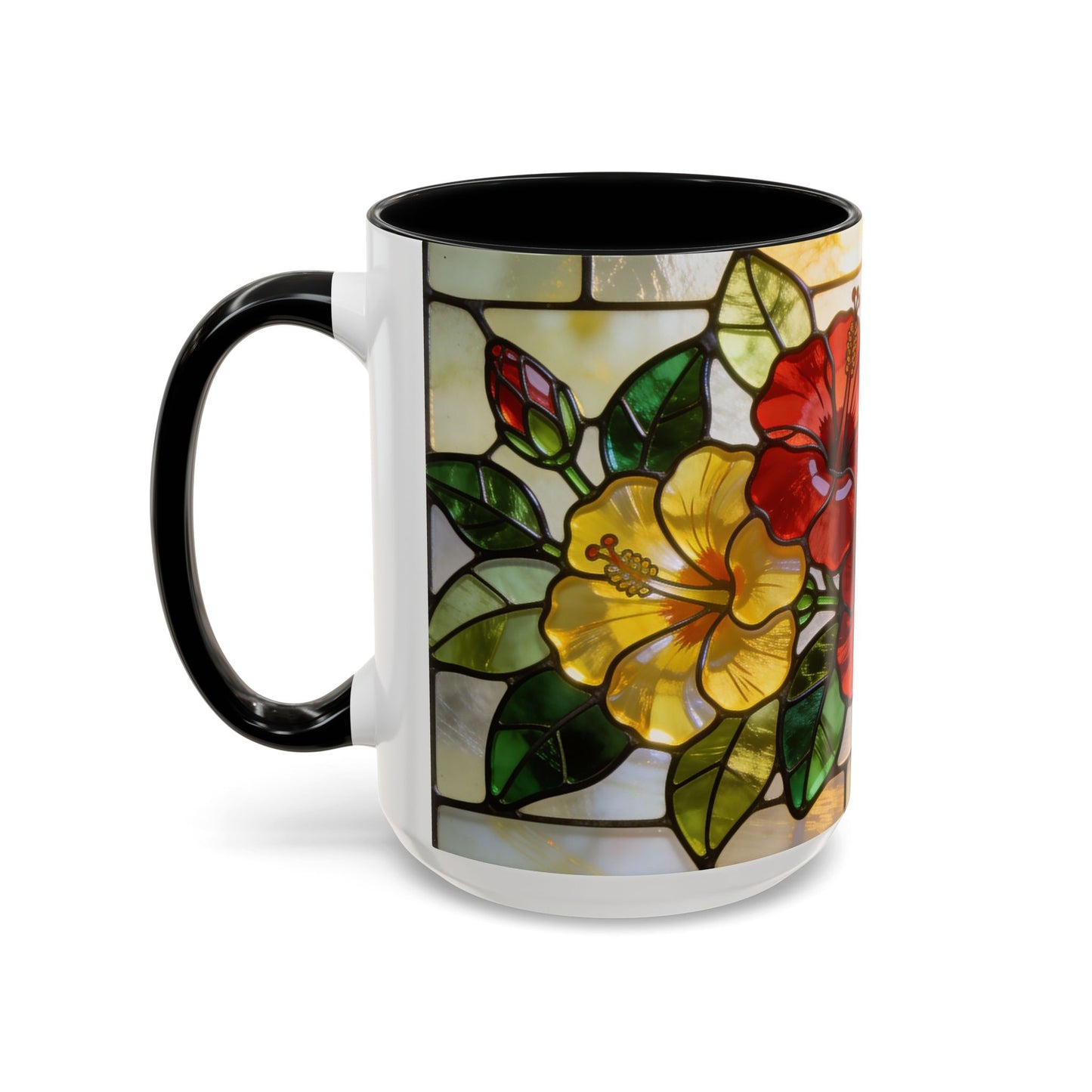Floral Stained Glass Accent Coffee Mug – Hibiscus & Sunflower Design (11/15oz)