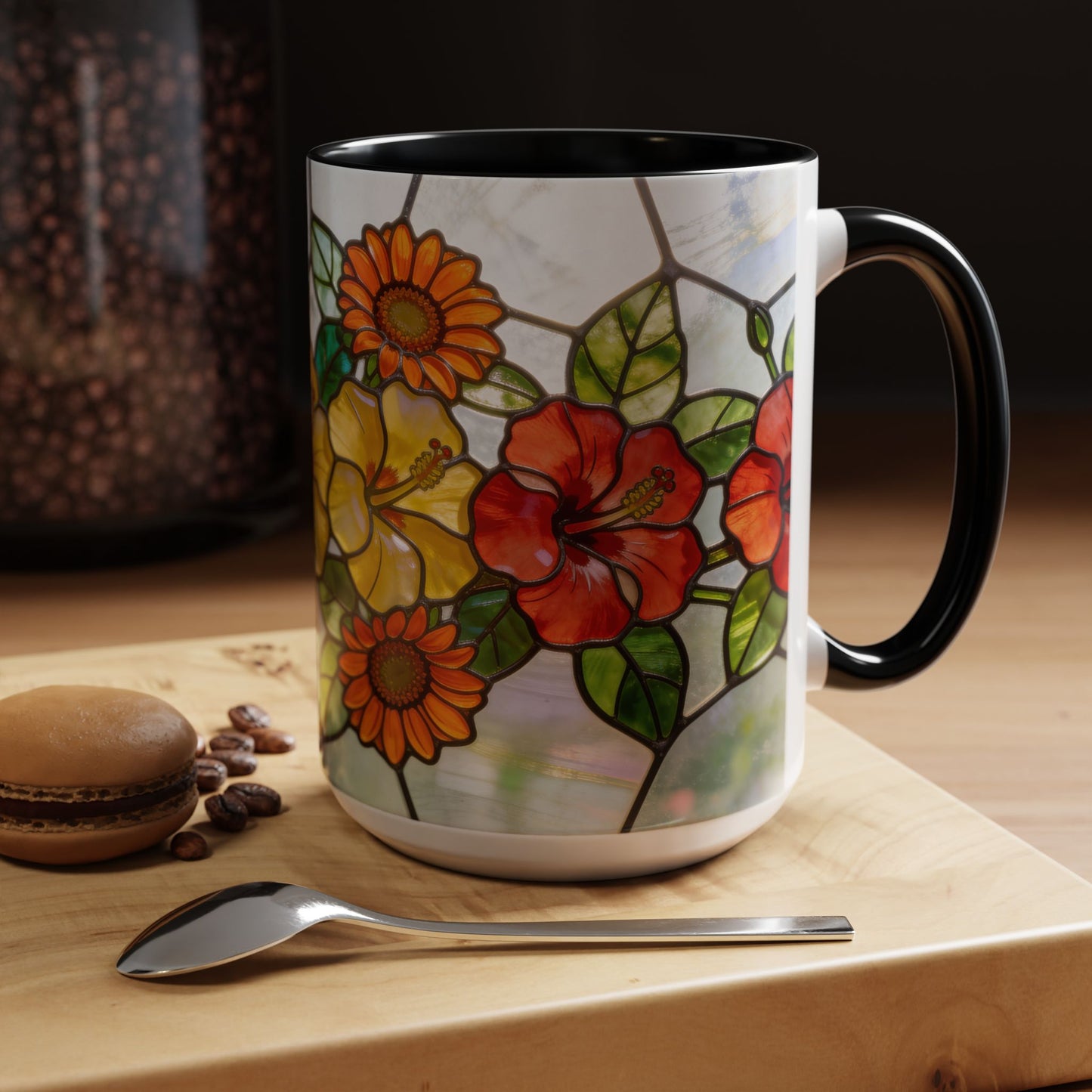 Stained Glass Floral Accent Coffee Mug — Hibiscus & Sunflower Art (11/15oz)