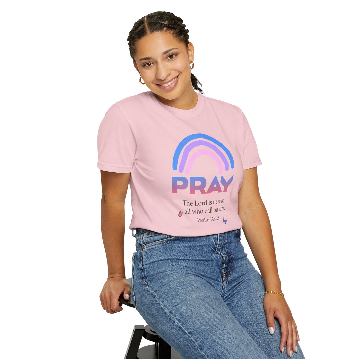 Prayer Rainbow T-Shirt — "PRAY" Psalm 145:18 Inspirational Christian Tee