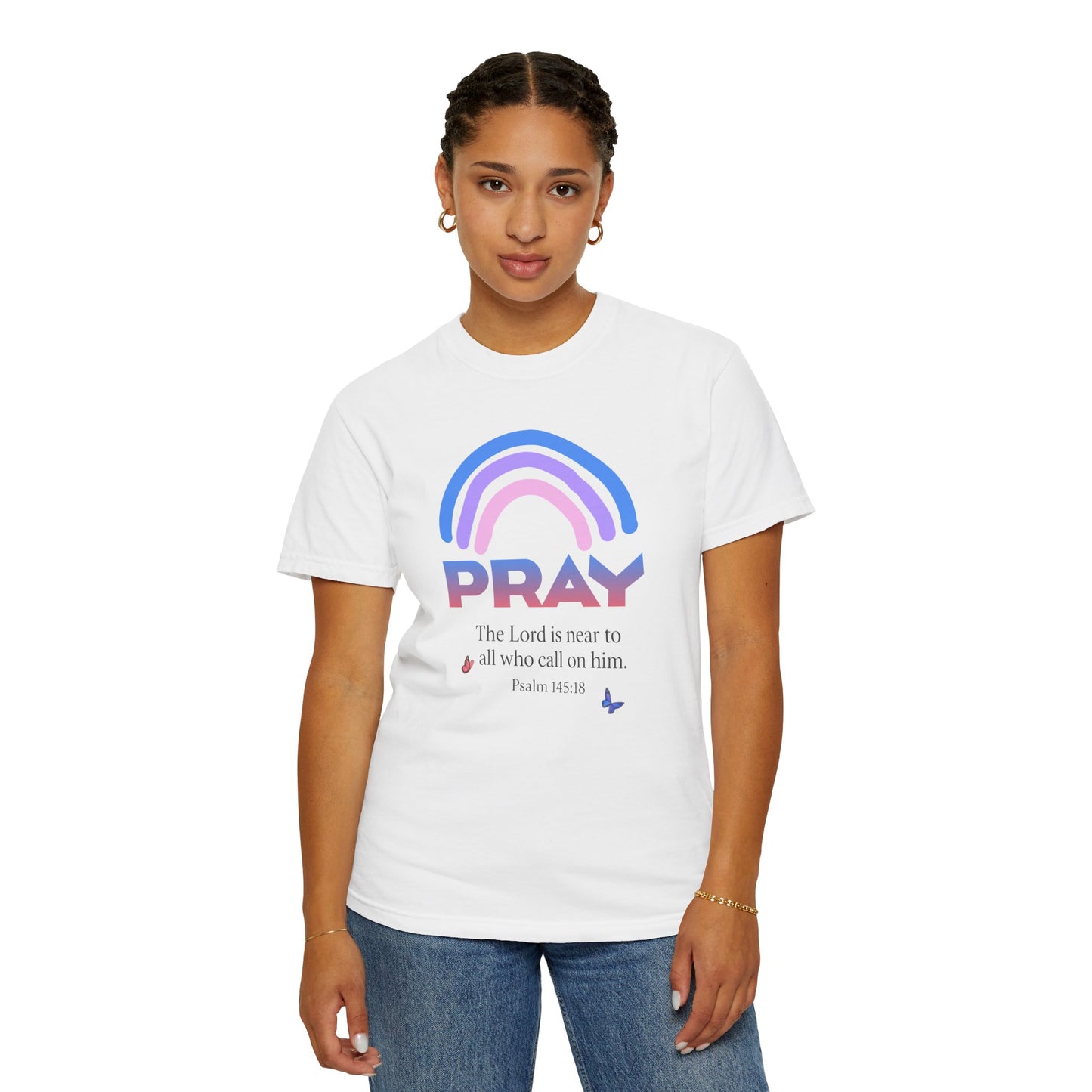 Prayer Rainbow T-Shirt — "PRAY" Psalm 145:18 Inspirational Christian Tee