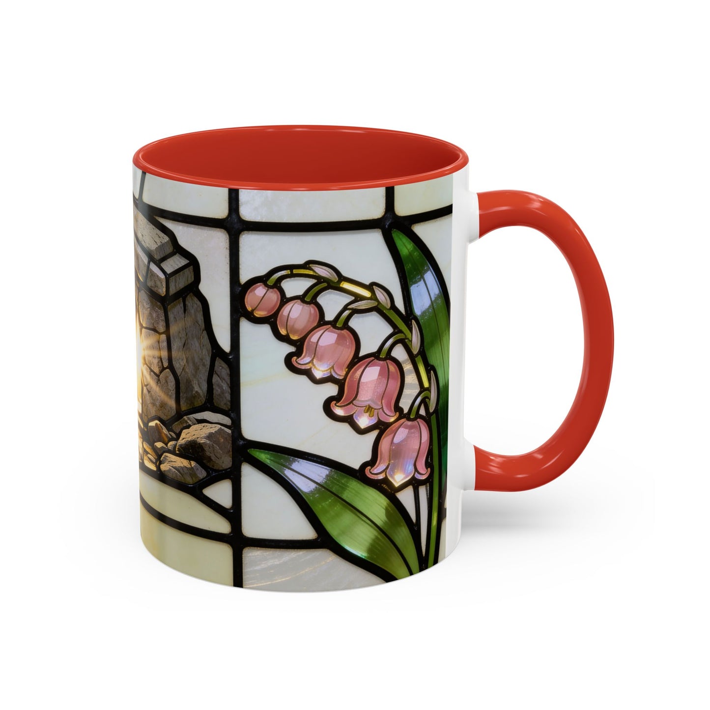Stained Glass depiction of The Resurrected Tomb & Lily of the Valley Accent Coffee Mug — Christian Easter 11/15oz