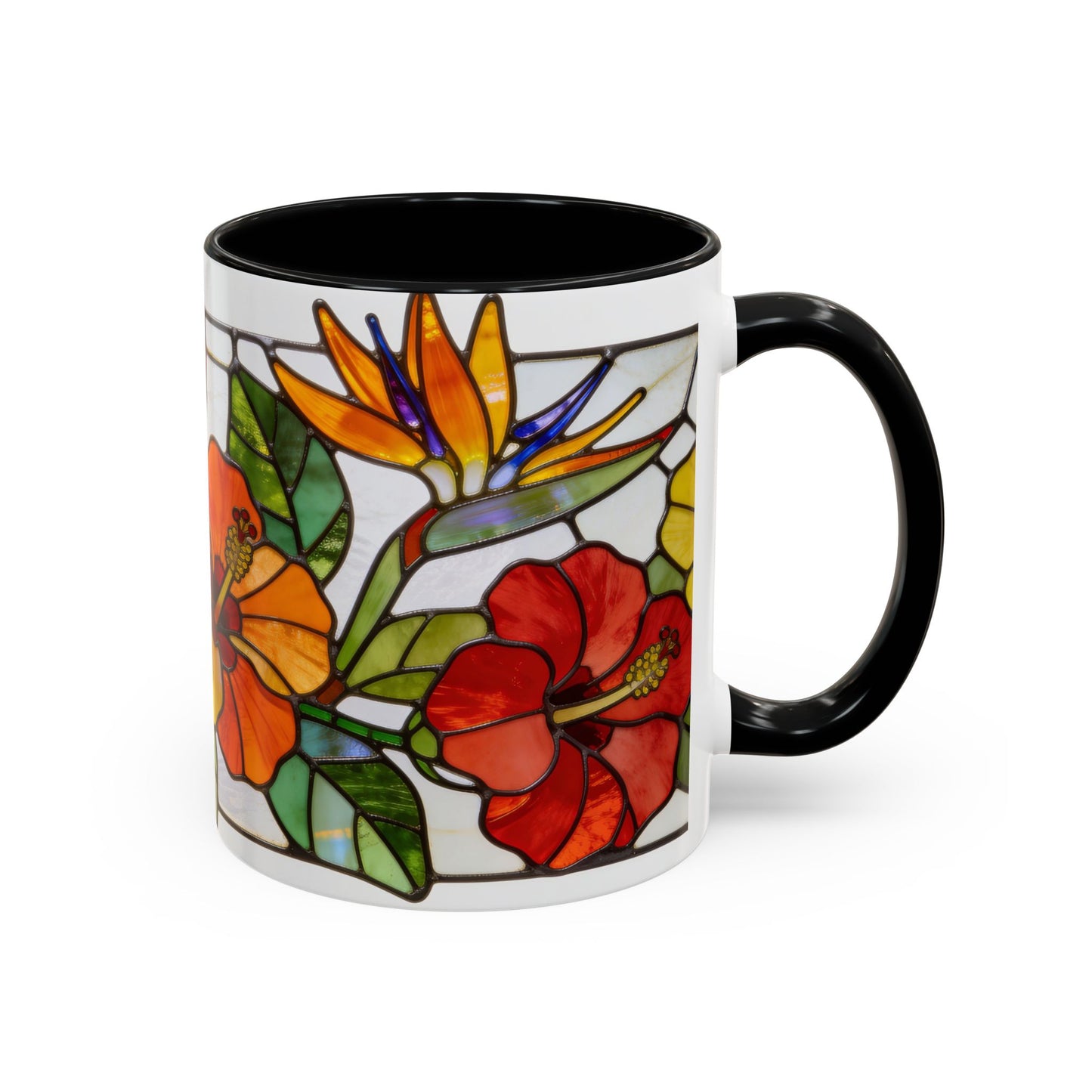 Stained Glass Tropical Flower Coffee Mug — Hibiscus & Bird of Paradise Accent Mug