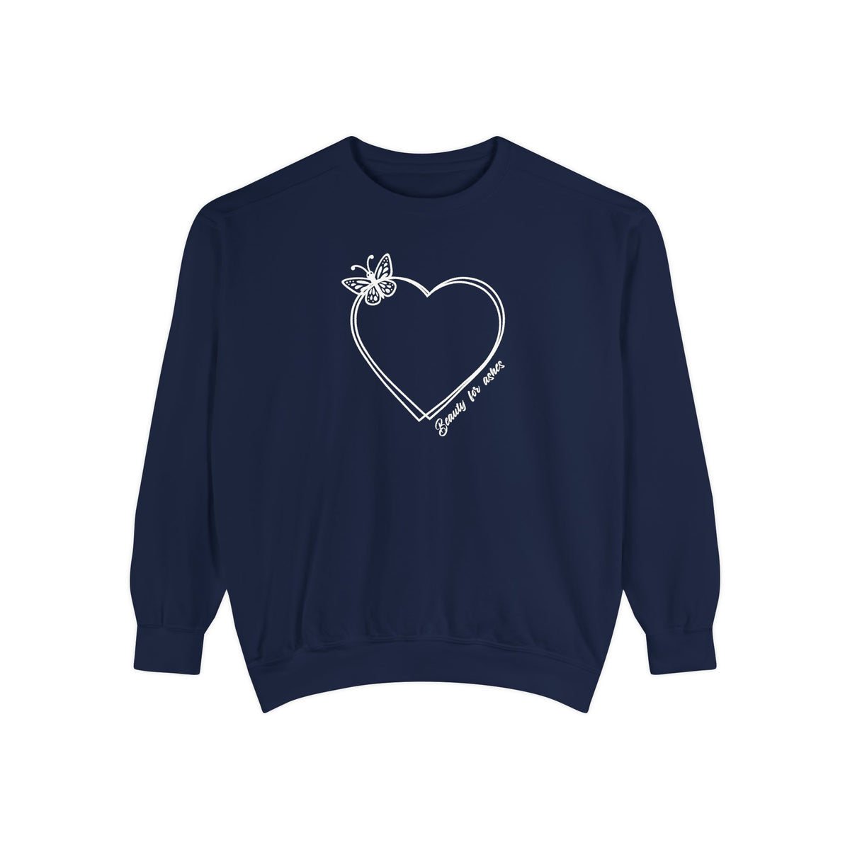 A navy blue crewneck sweatshirt with a white line-art graphic of a heart, butterfly, and the text 'I Love You Dad' on the chest, displayed against a solid white background.