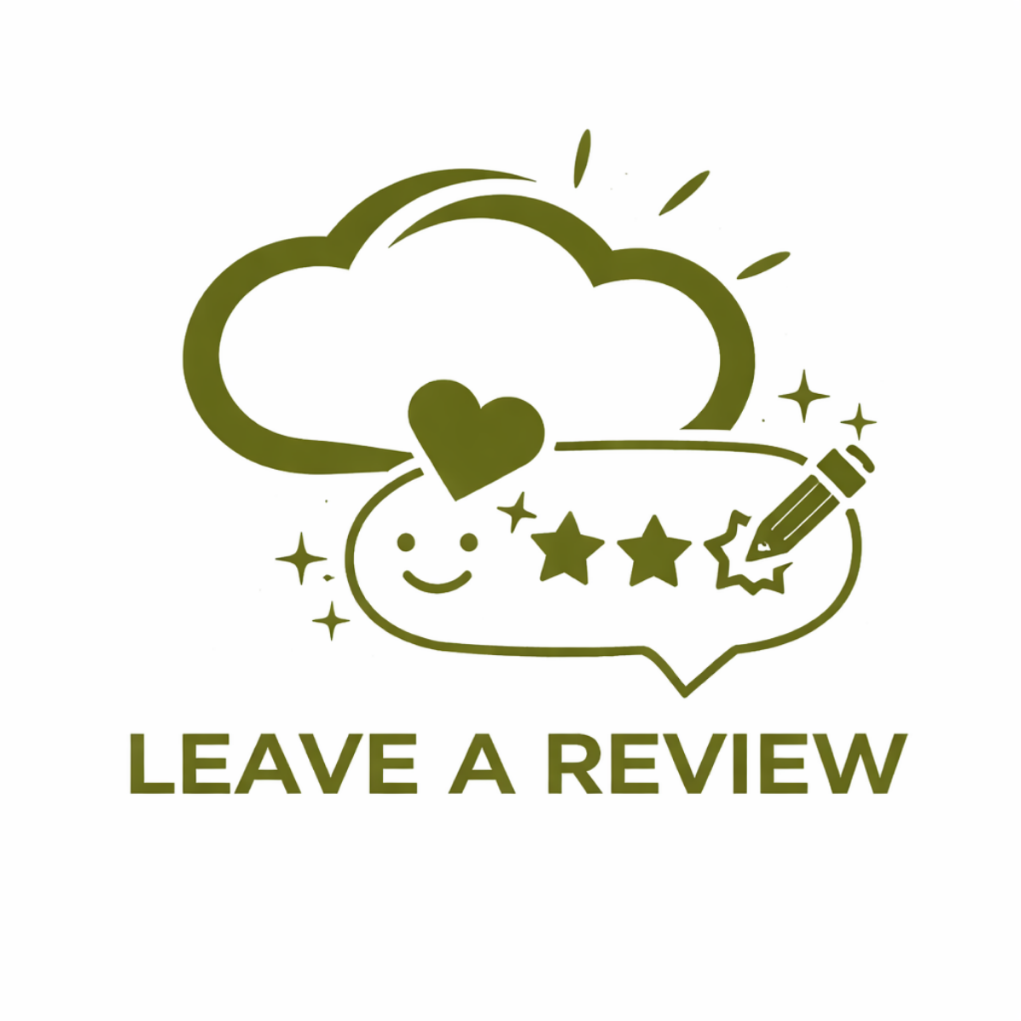 Green icon with a cloud, heart, stars, and pencil on a white background with 'Leave a Review' text.