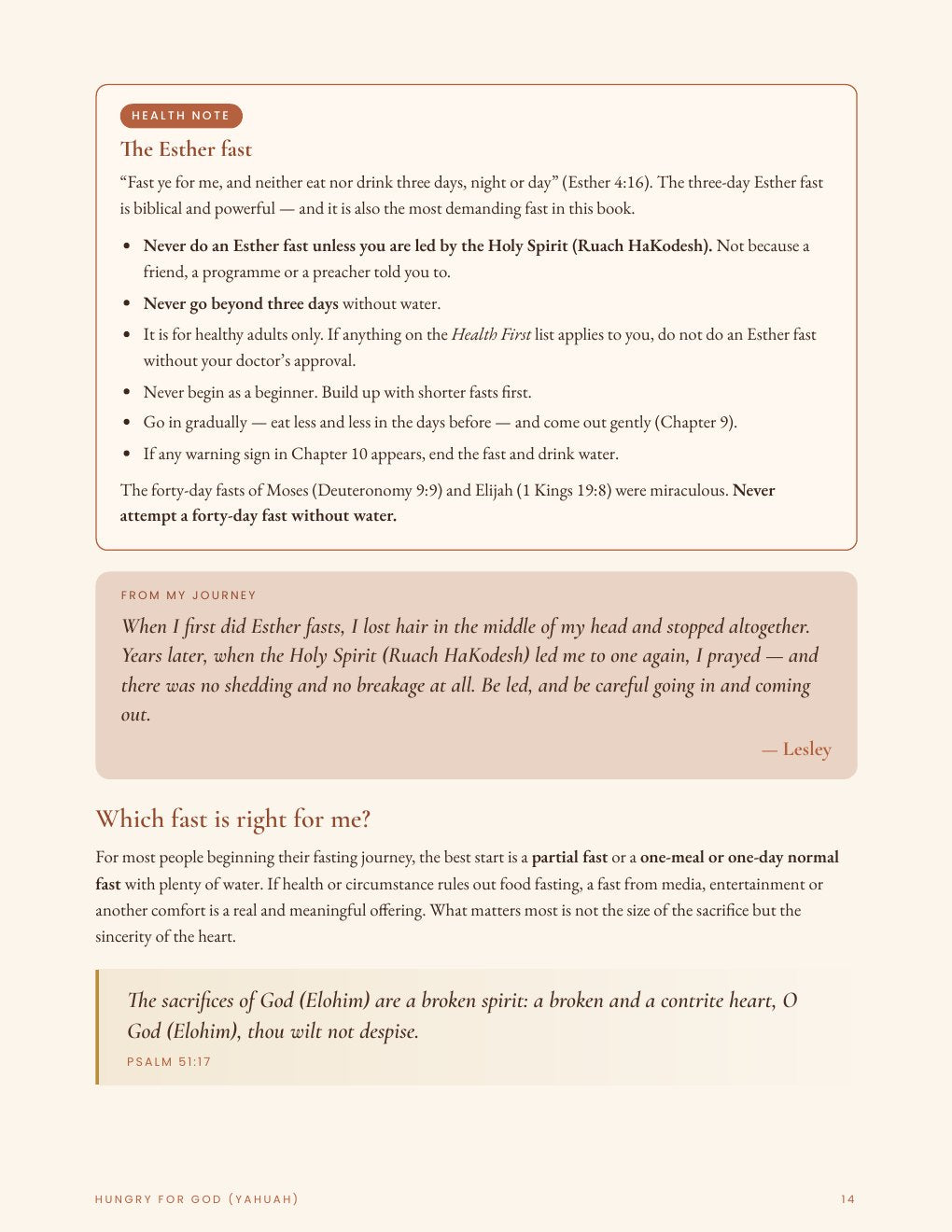 Inside page: The Esther fast health note and From My Journey box